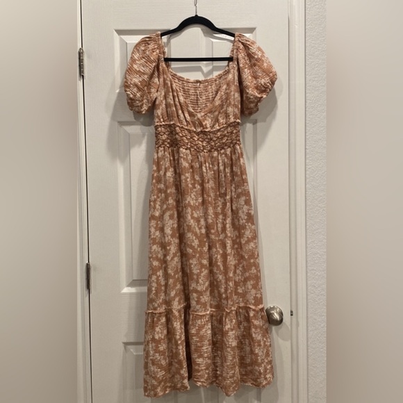 Free People Cream & Tan Ellie Floral Puff Sleeve Midi Dress - Picture 2 of 6